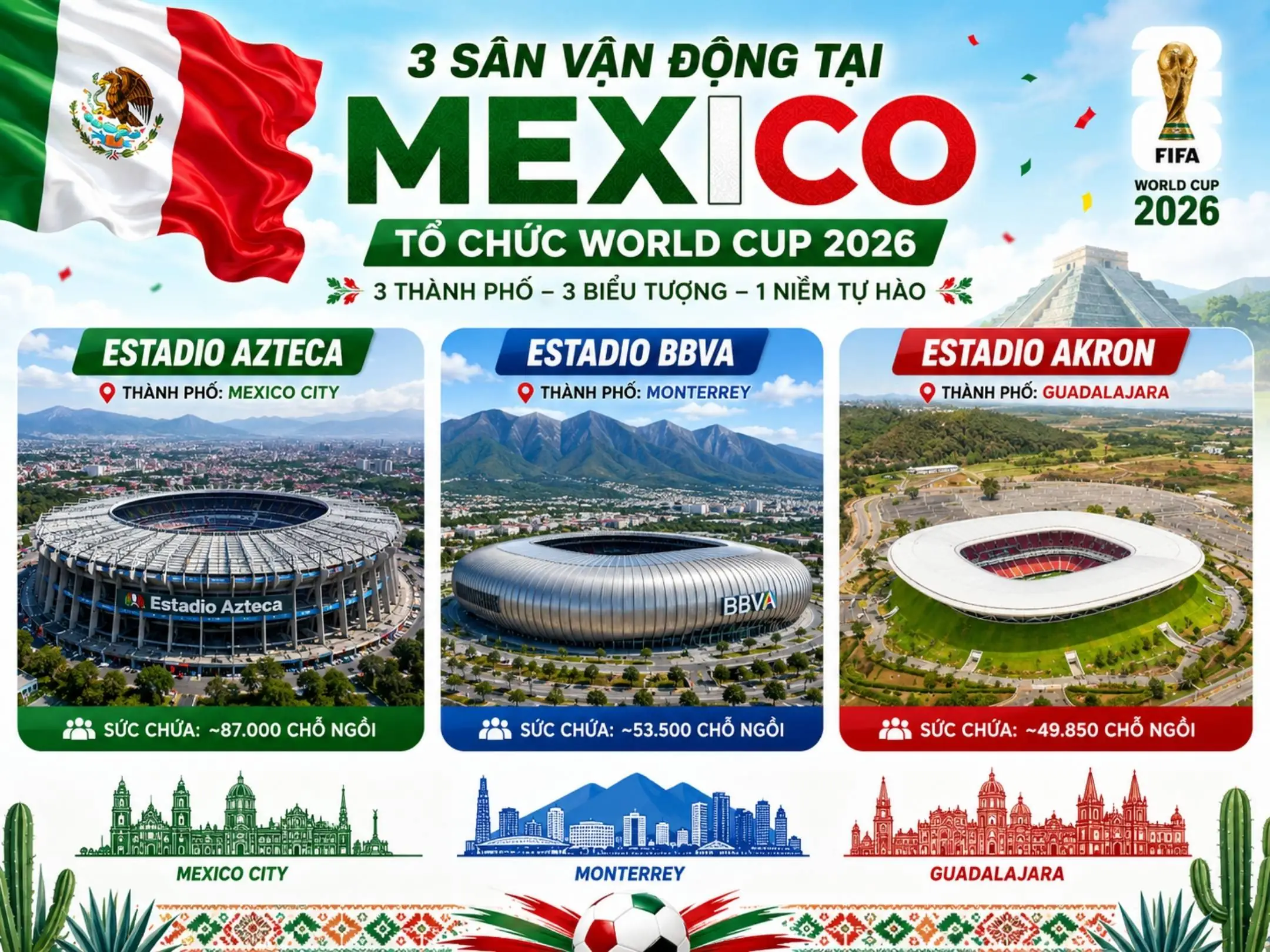 World Cup 2026 tổ chức ở đâu? Kỷ nguyên mới của bóng đá thế giới tại Bắc Mỹ 3 Hình ảnh 3 sân vận động đăng cai World Cup 2026 tại Mexico