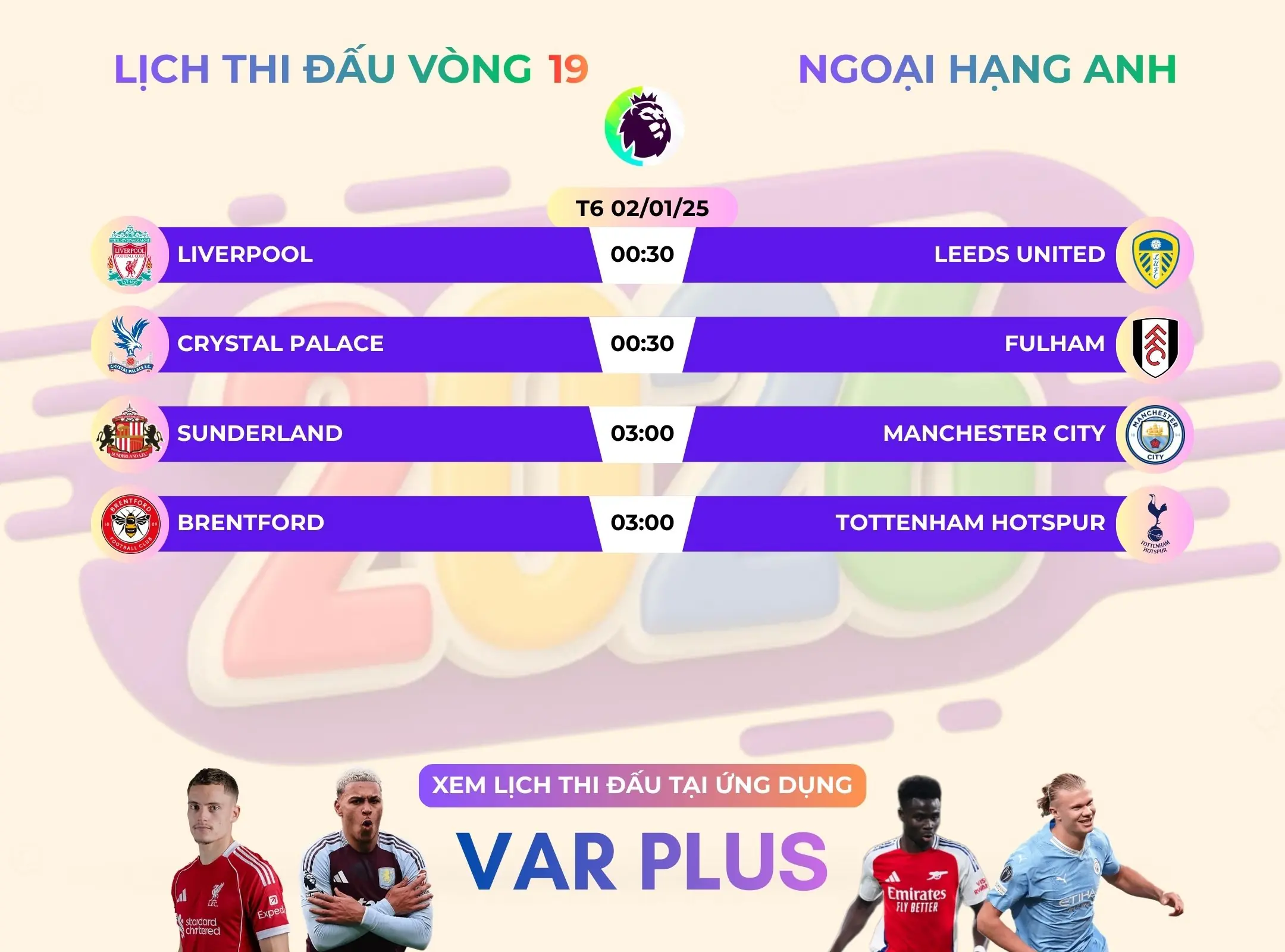 Lịch thi đấu bóng đá Ngoại hạng Anh vòng 19 mùa giải 2025/2026 ngày 02/01/2025