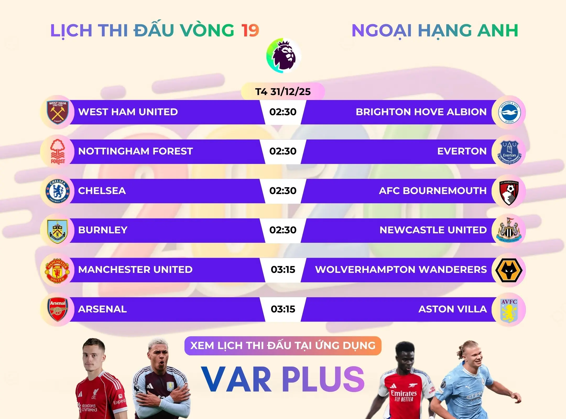 Lịch thi đấu bóng đá Ngoại hạng Anh vòng 19 mùa giải 2025/2026 ngày 31/12/2025
