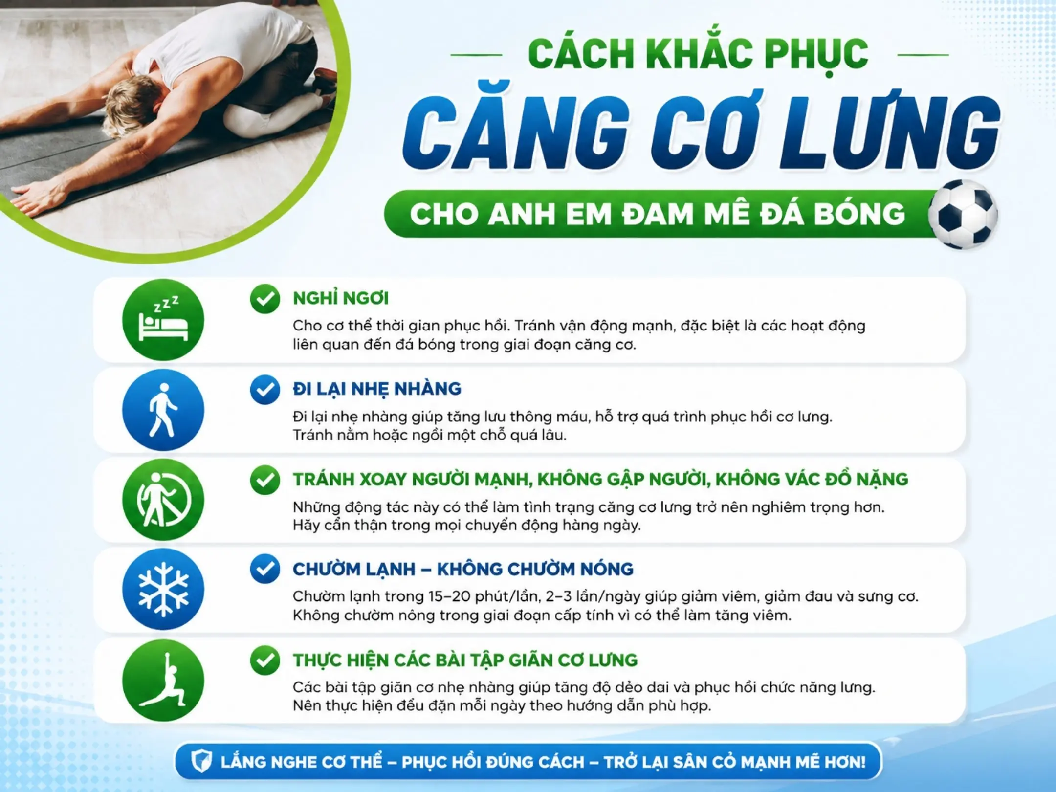 Căng cơ lưng: anh em đá phủi chớ xem nhẹ 3 Cách khắc phục căng cơ lưng cho anh em đam mê đá bóng
