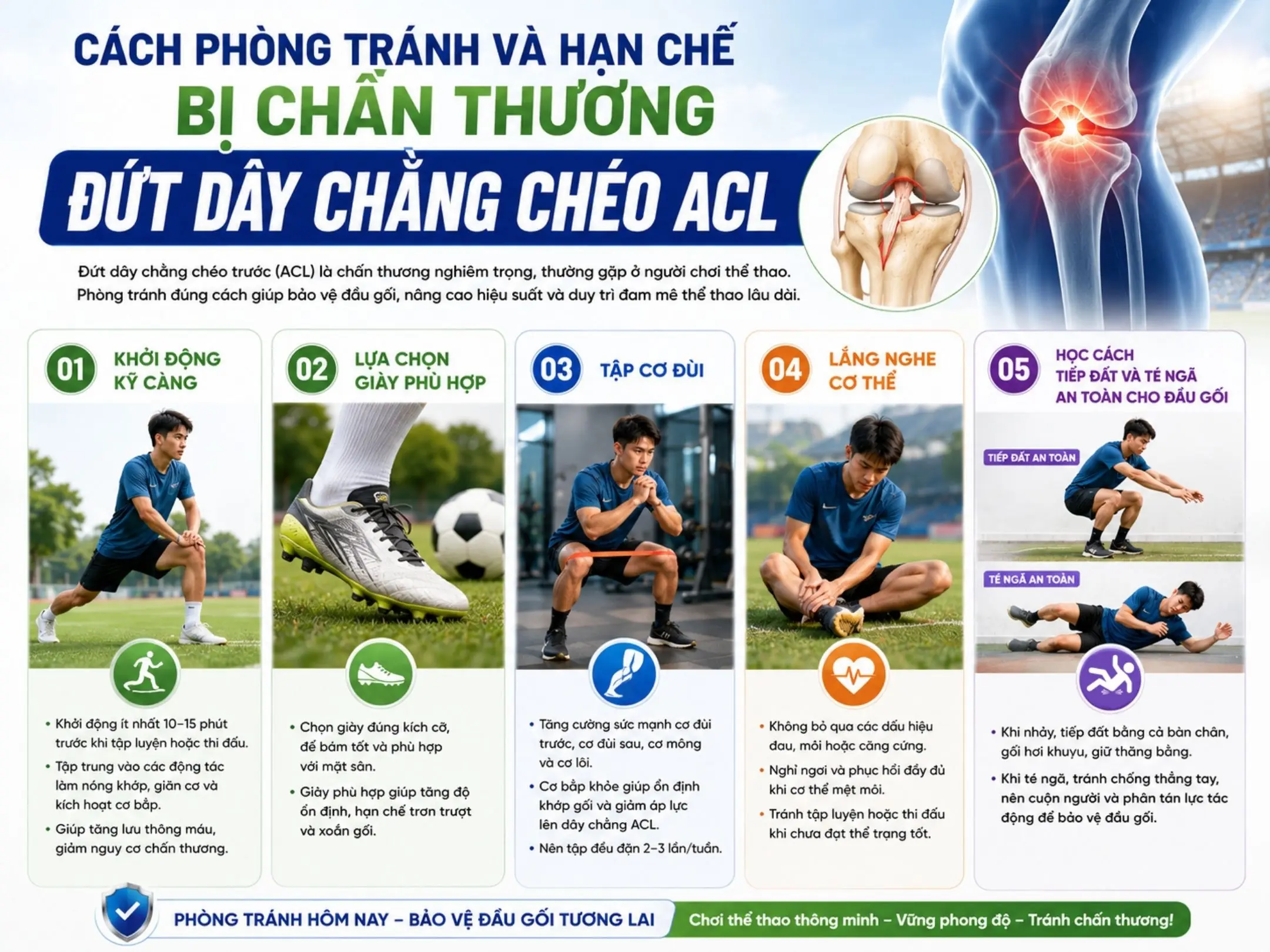 Đứt dây chằng chéo trước (ACL): chấn thương có thể hủy diệt một thiên tài bóng đá 3 Cách phòng tránh và hạn chế bị chấn thương đứt dây chằng chéo ACL