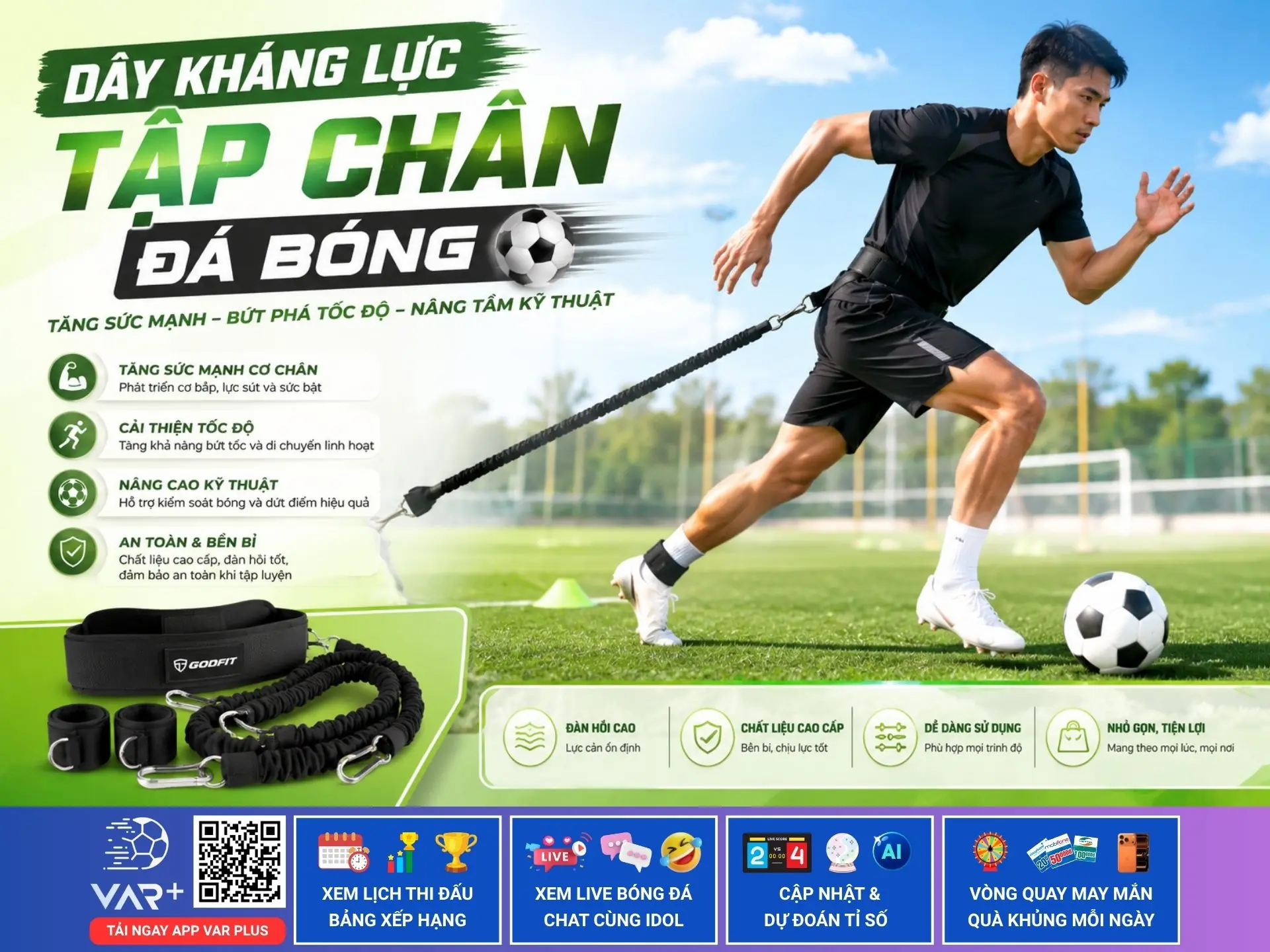 Dây kháng lực tập chân đá bóng: luyện cơ chân để tăng tốc độ và lực sút