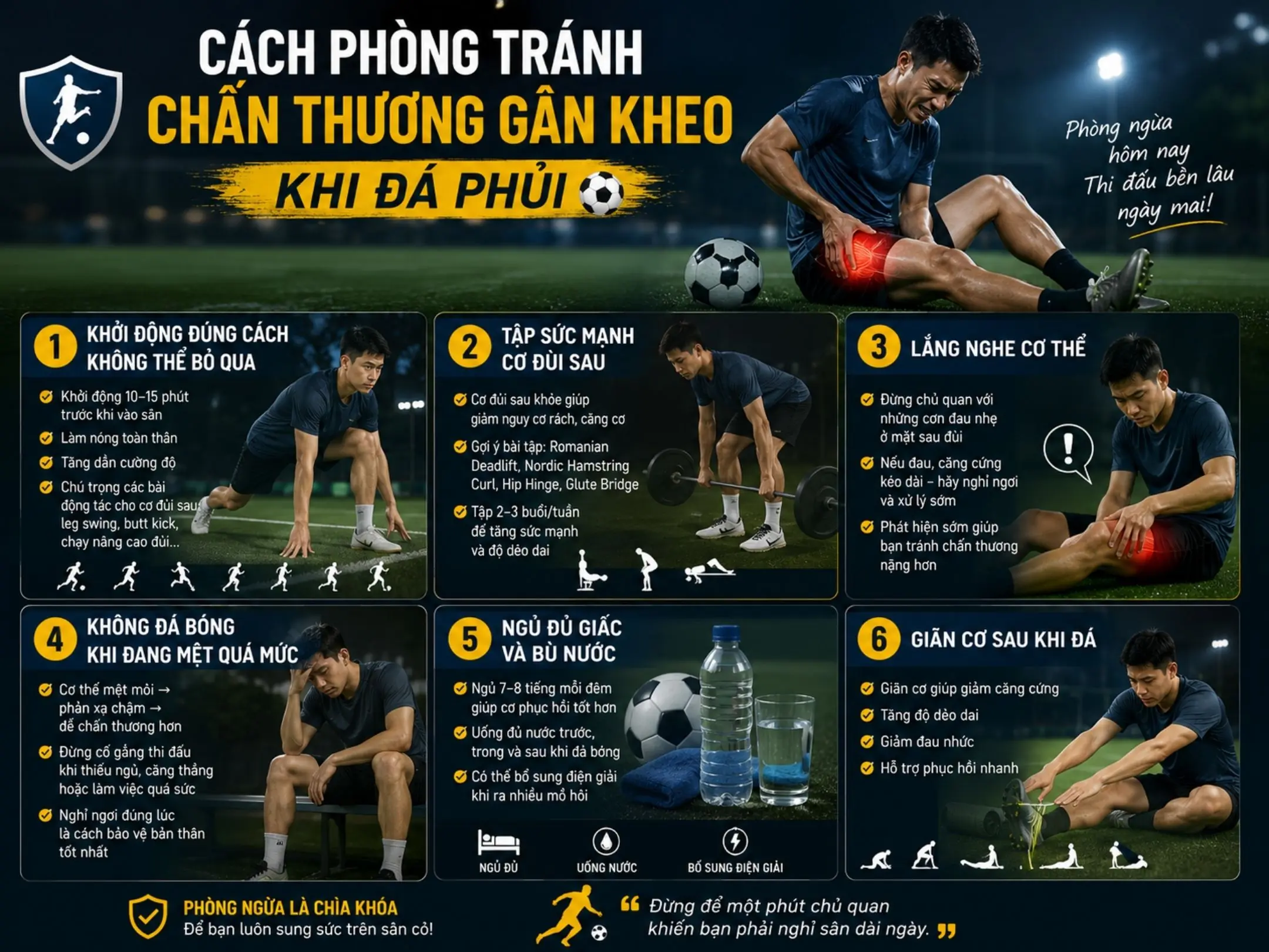 Hình ảnh mô tả cách phòng ngừa chấn thương gân kheo cho anh em đá bóng phủi