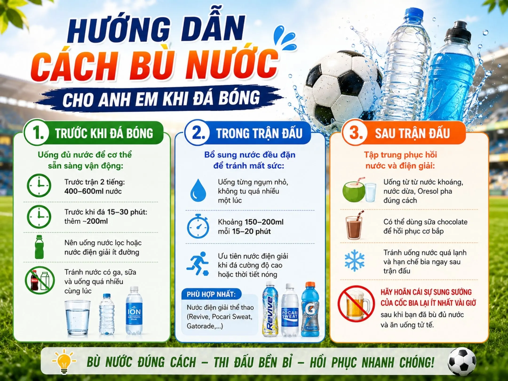 Đi đá bóng nên uống nước gì và uống như thế nào cho đúng 3 Hướng dẫn cách bù nước cho anh em khi đá bóng