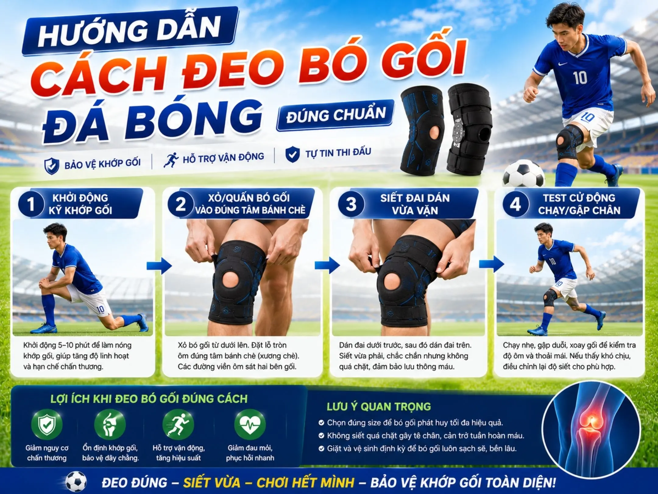 Vì sao bó gối đá bóng là thứ phải có trong túi đồ của dân đá phủi? 4 Hướng dẫn cách đeo bó gối đá bóng đúng chuẩn