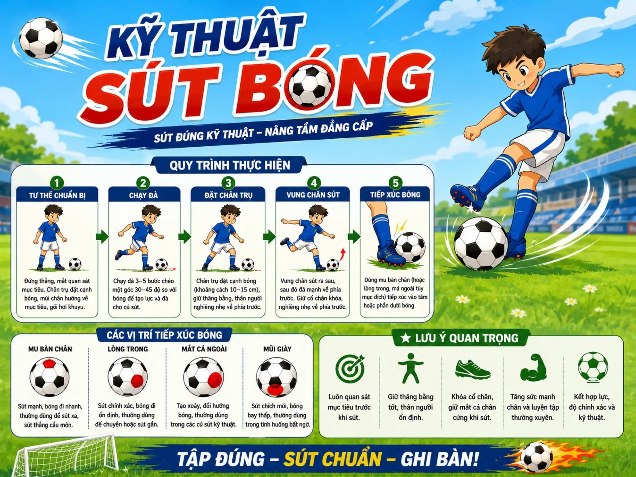Luyện tập được kỹ thuật sút bóng chuẩn sẽ mang lại hiệu quả cao cho những pha dứt điểm từ xa