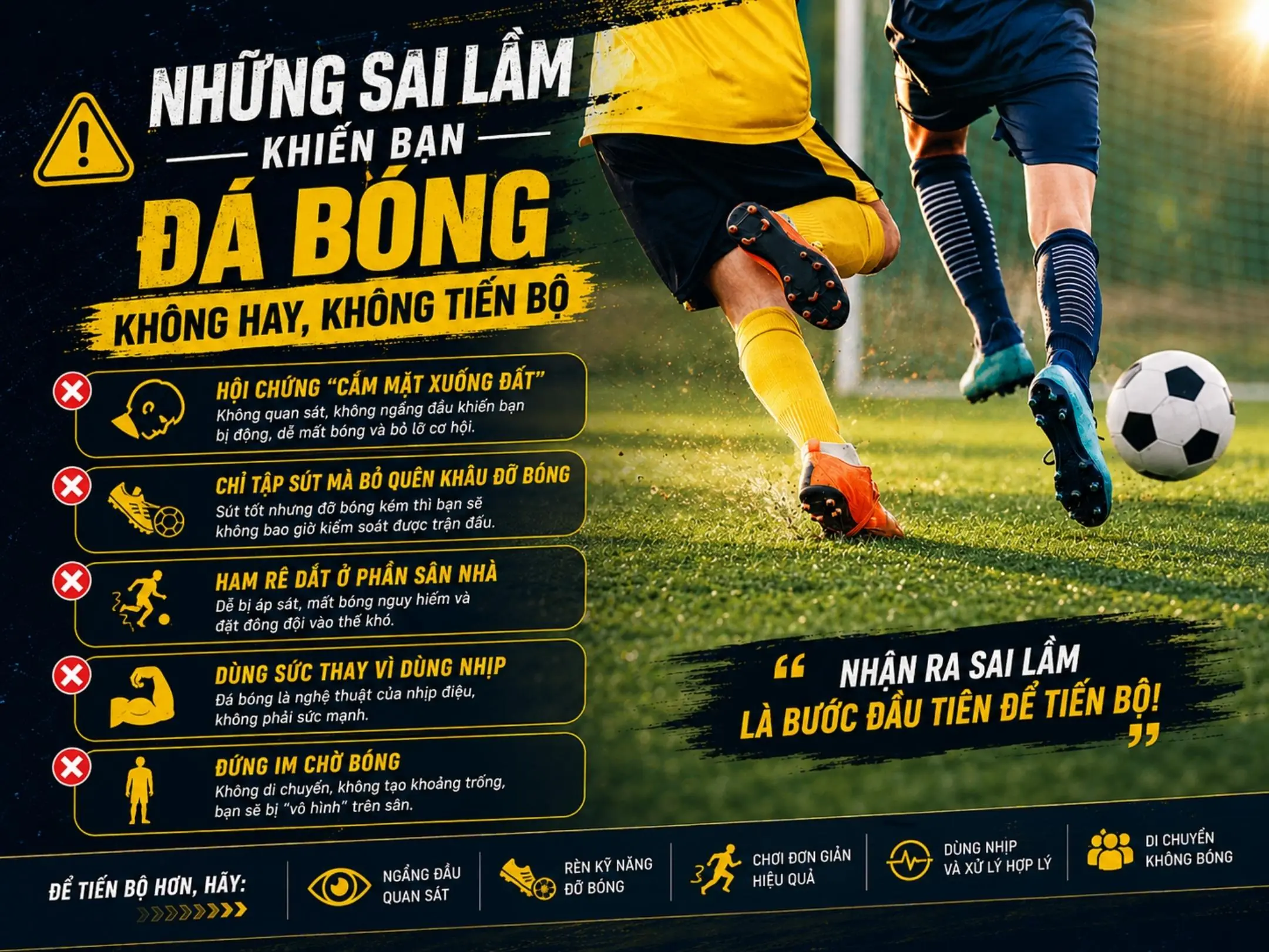 Kỹ thuật đá bóng phủi thực chiến giúp bạn làm chủ trận đấu 3 Những sai lầm khiến bạn đá bóng không hay, không tiến bộ