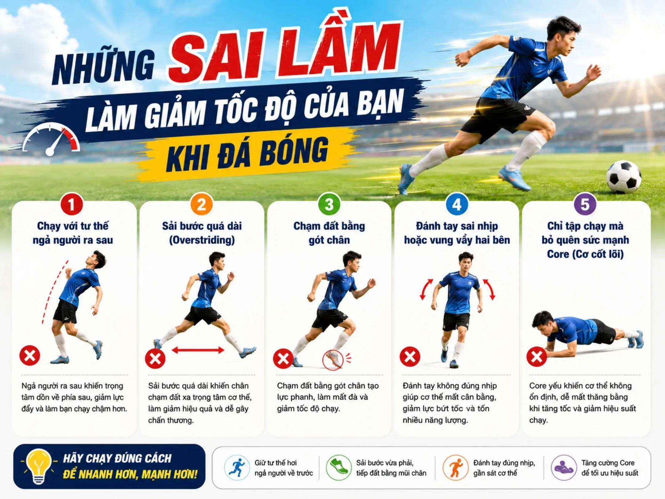 Những sai lầm làm giảm tốc độ của bạn khi đá bóng