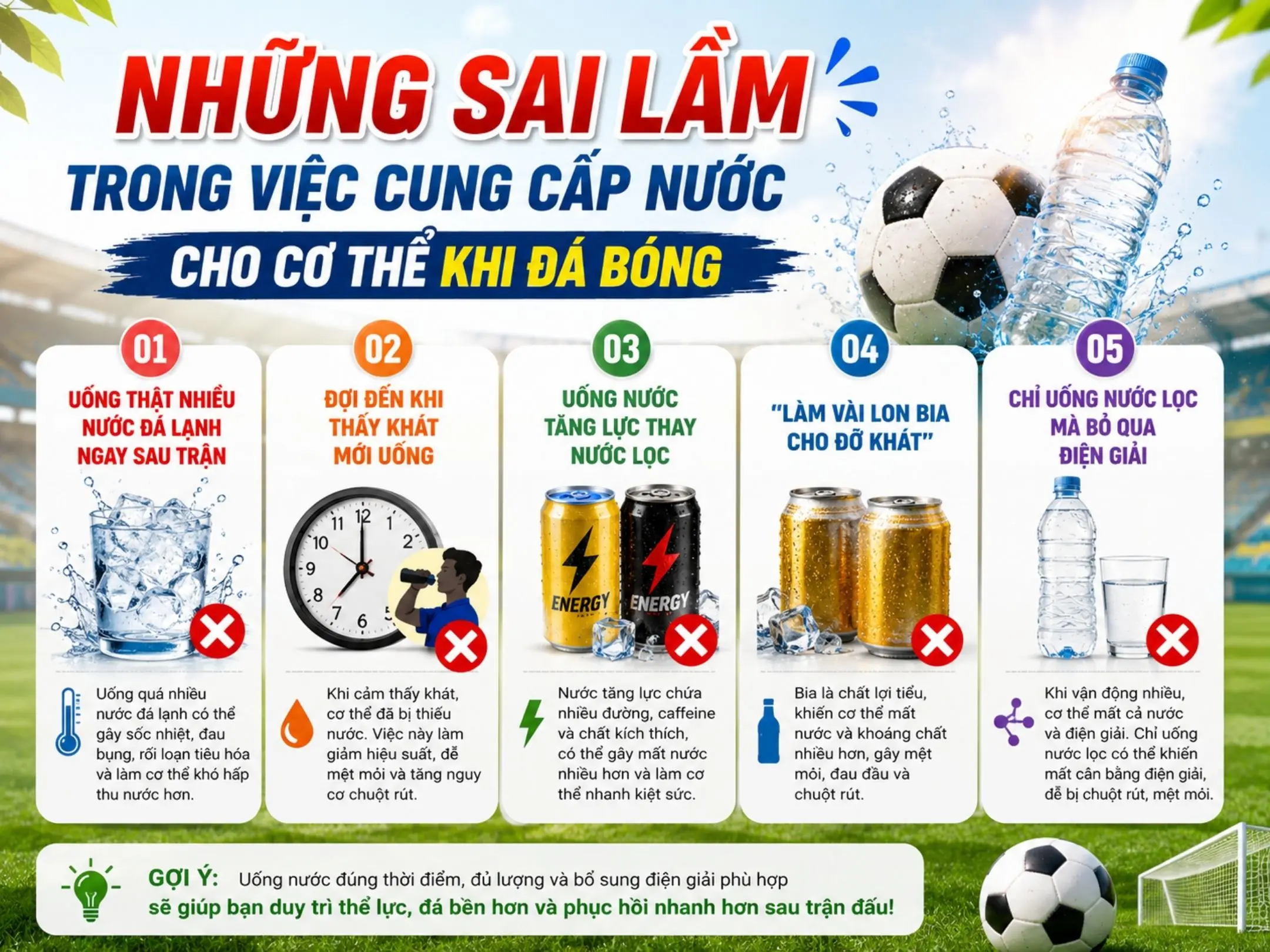 Đi đá bóng nên uống nước gì và uống như thế nào cho đúng 2 Những sai lầm trong việc cung cấp nước cho cơ thể khi đá bóng