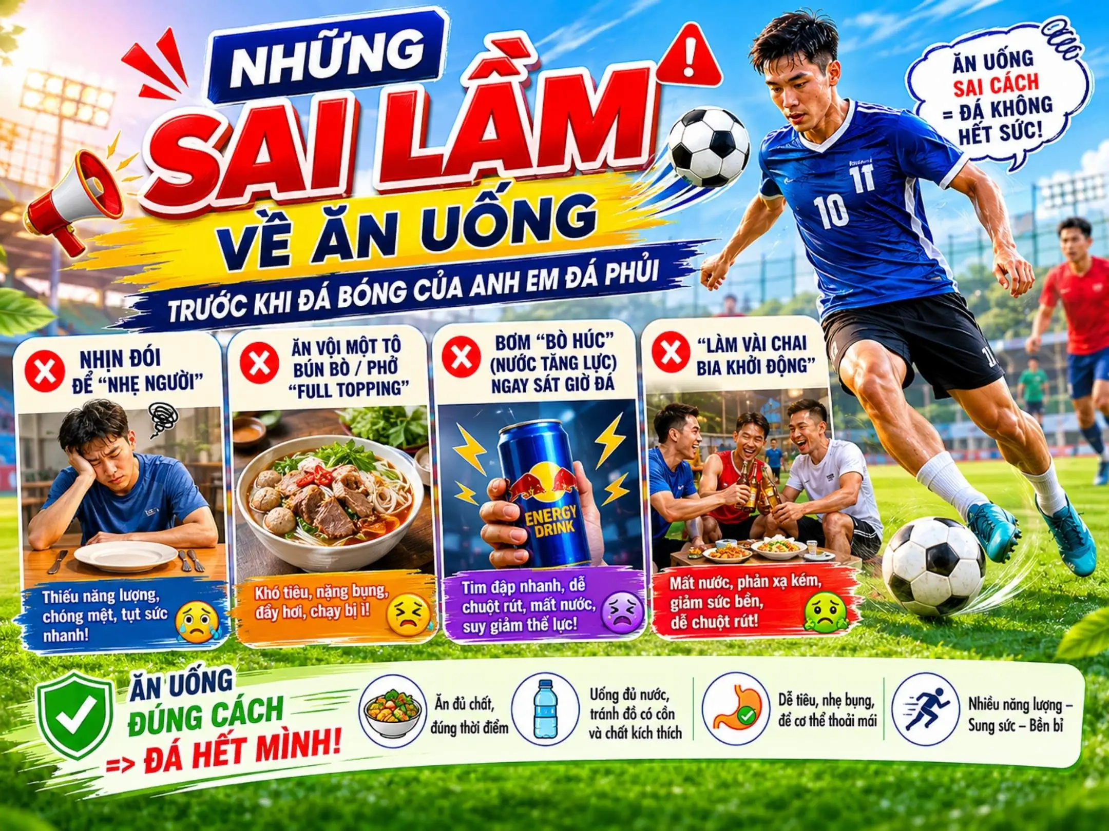Những sai lầm về ăn uống trước khi đá bóng của anh em đá phủi