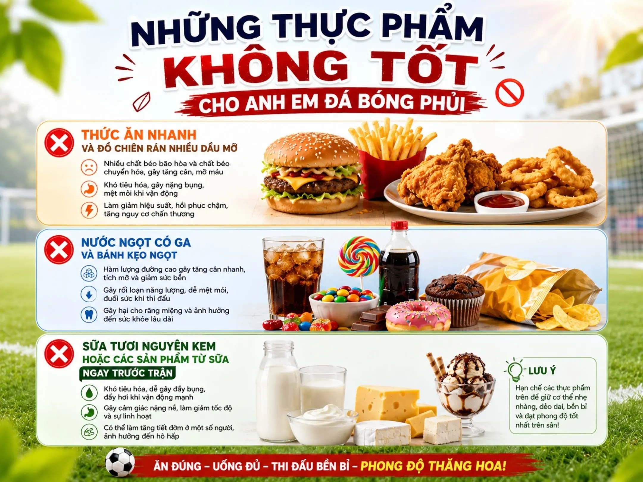 Những thực phẩm không tốt cho anh em đá bóng phủi