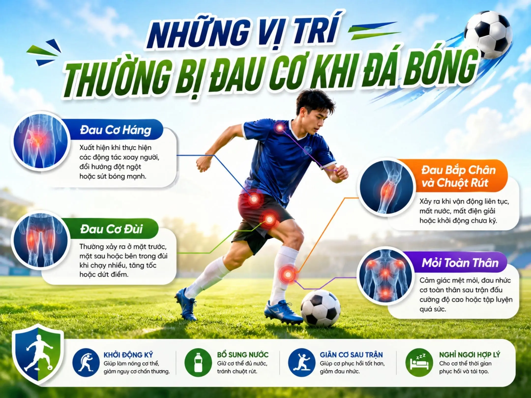 Những vị trí thường bị đau cơ khi đá bóng