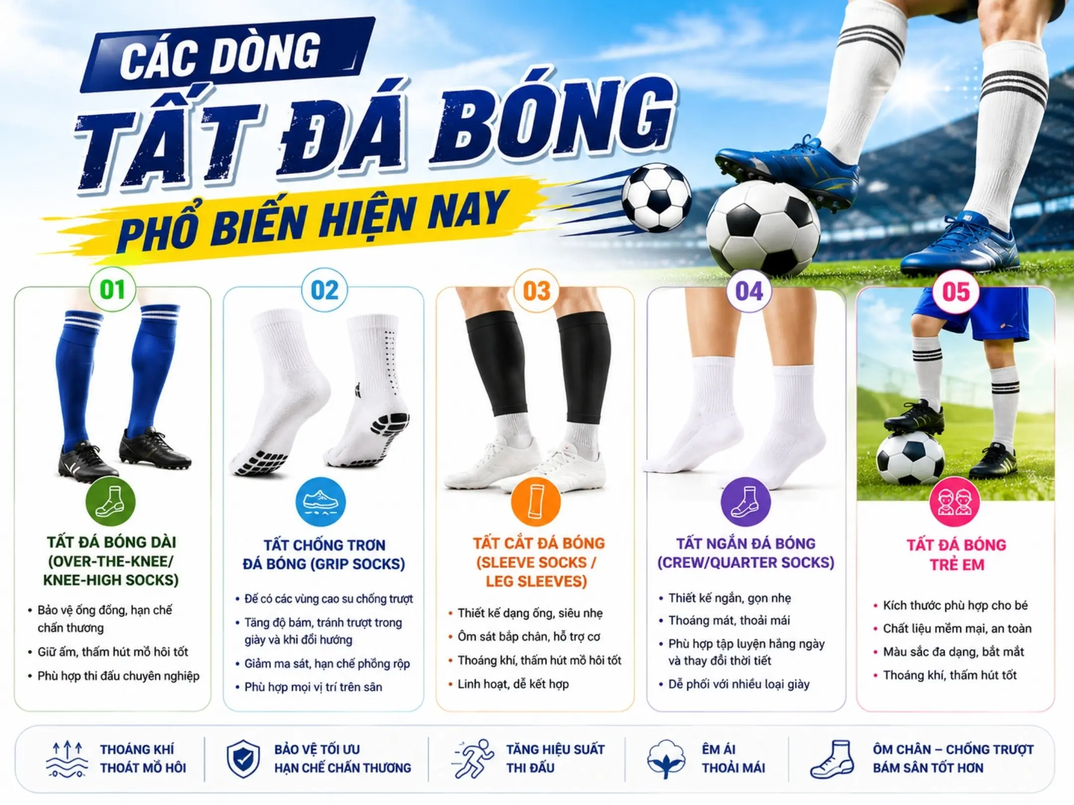 Các loại tất đá bóng phổ biến