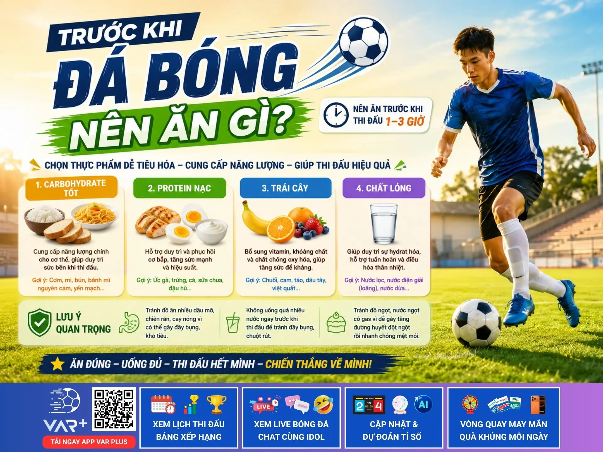 Trước khi đá bóng nên ăn gì để chạy bền, cày ải cả trận mà không hụt hơi?