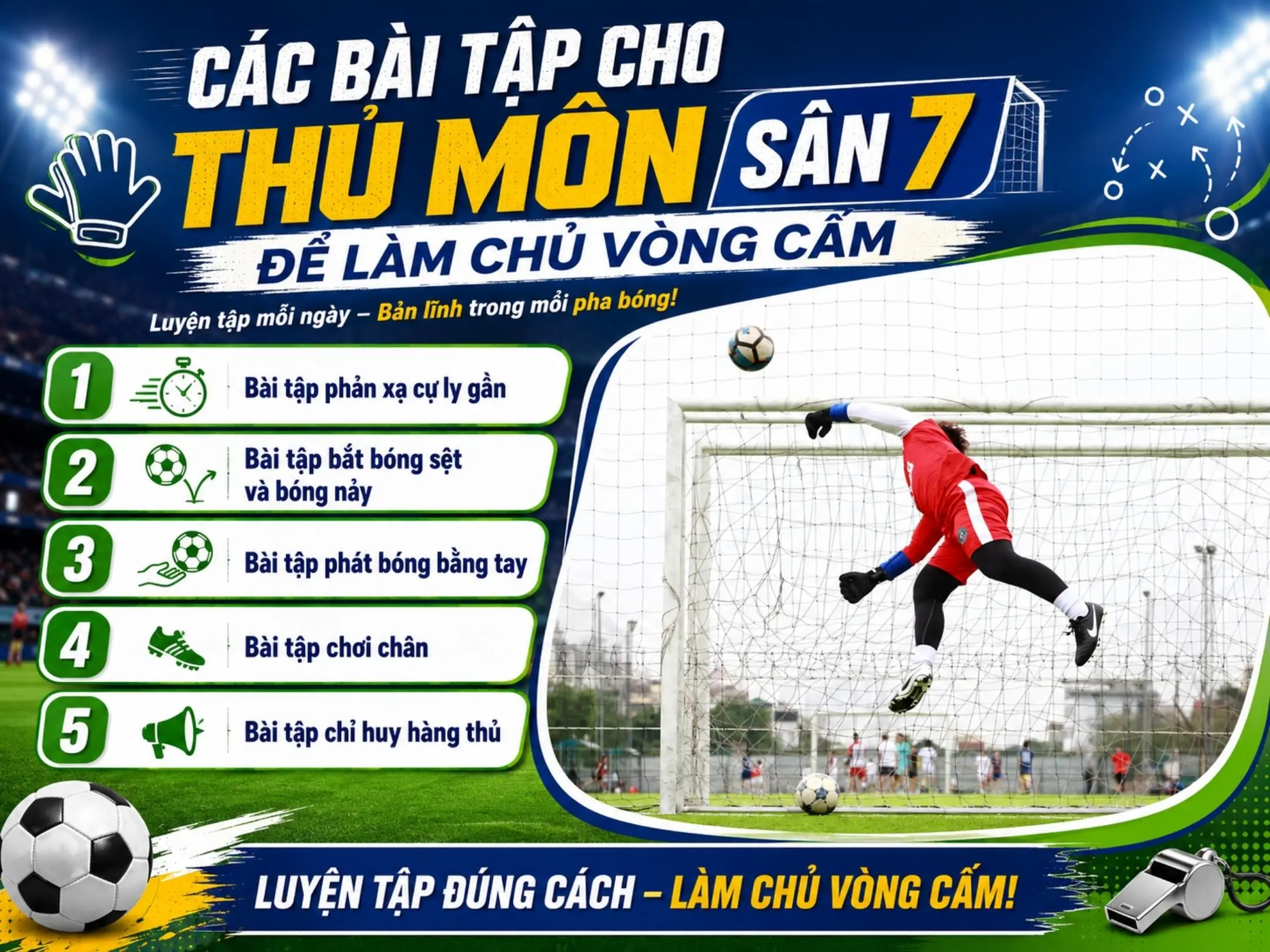 Luật thủ môn sân 7: Hiểu luật, đọc tình huống và kiểm soát vòng cấm 5 Các bài tập cho thủ môn sân 7 để làm chủ vòng cấm