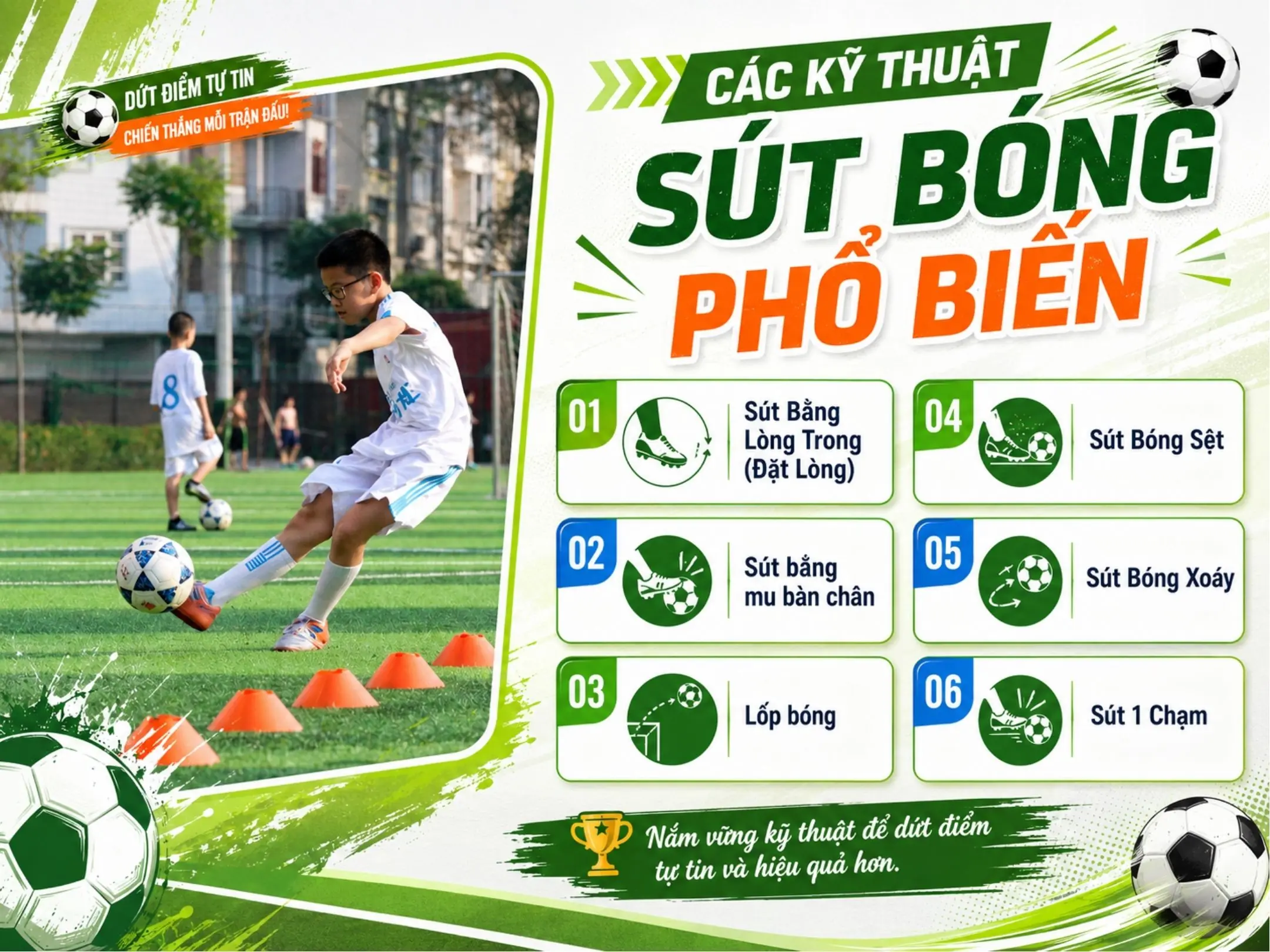 Cách sút bóng đúng kỹ thuật: từ sút mạnh, sút bổng đến sút xoáy 2 Các kỹ thuật sút bóng phổ biến