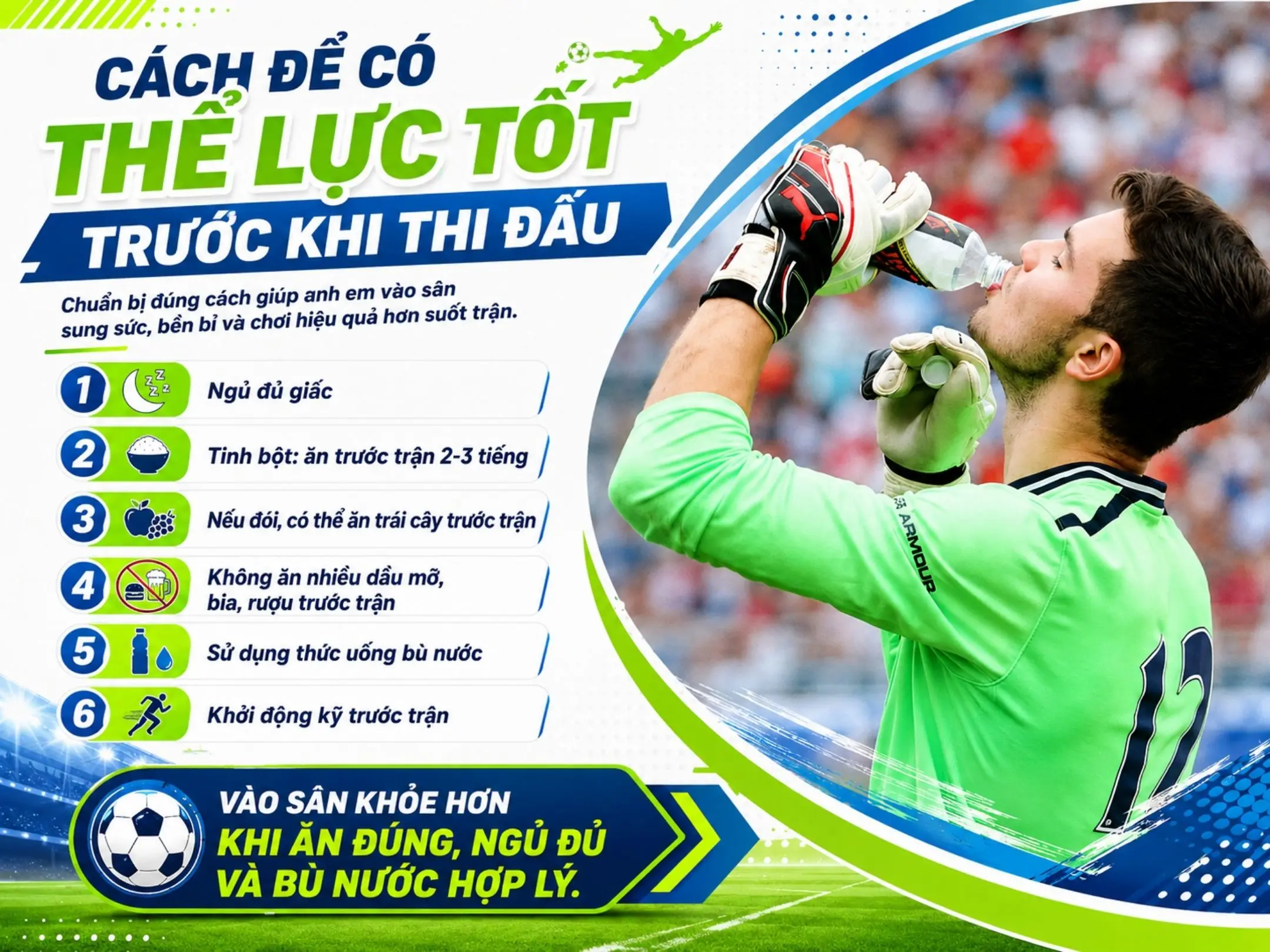 Cách giữ thể lực tốt khi đá bóng: Bí quyết để chạy bền, đá sung và không hụt hơi cuối trận 3 Cách để có thể lực tốt trước khi thi đấu