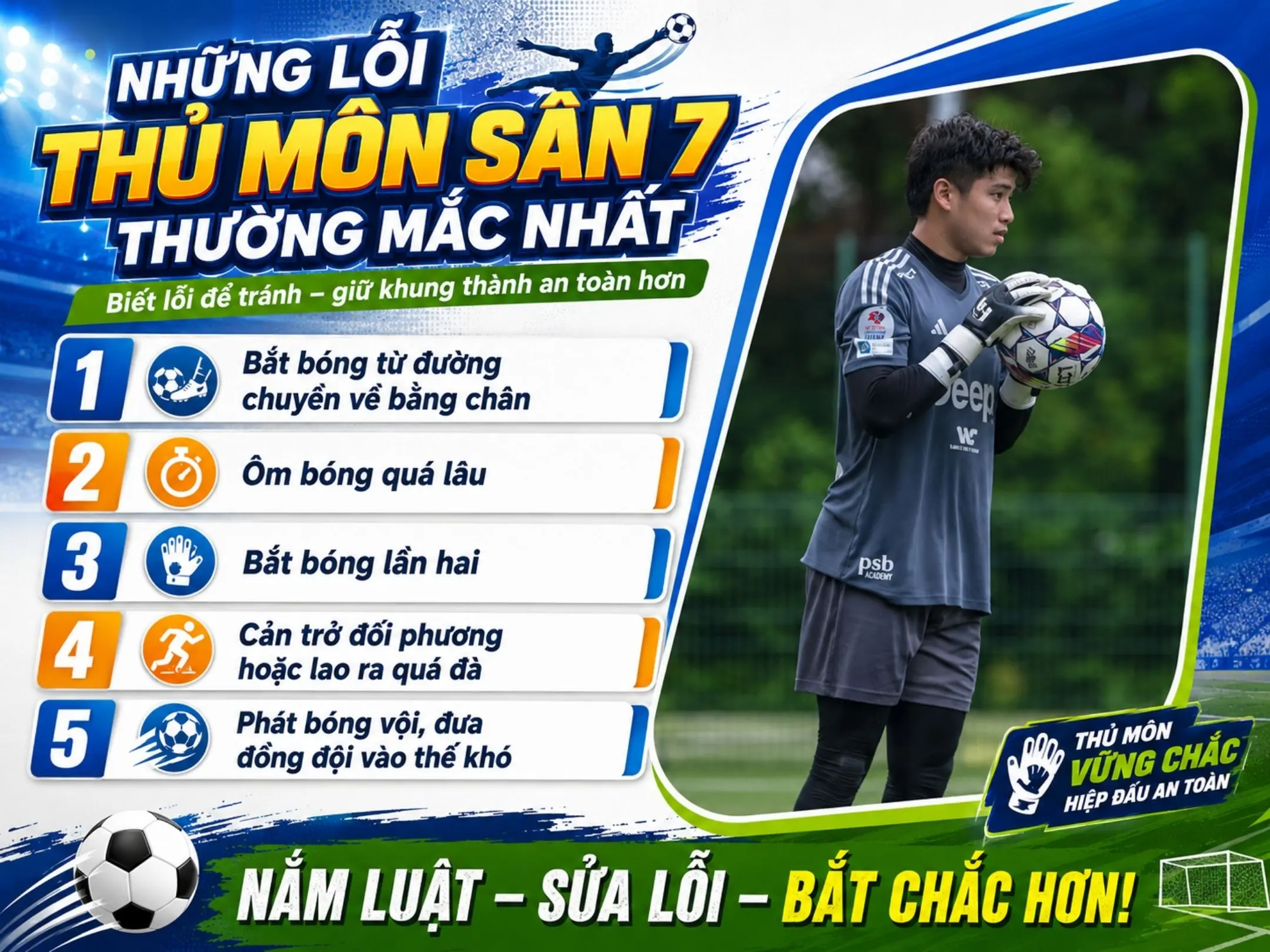 Luật thủ môn sân 7: Hiểu luật, đọc tình huống và kiểm soát vòng cấm 4 Những lỗi thủ môn sân 7 thường mắc nhất