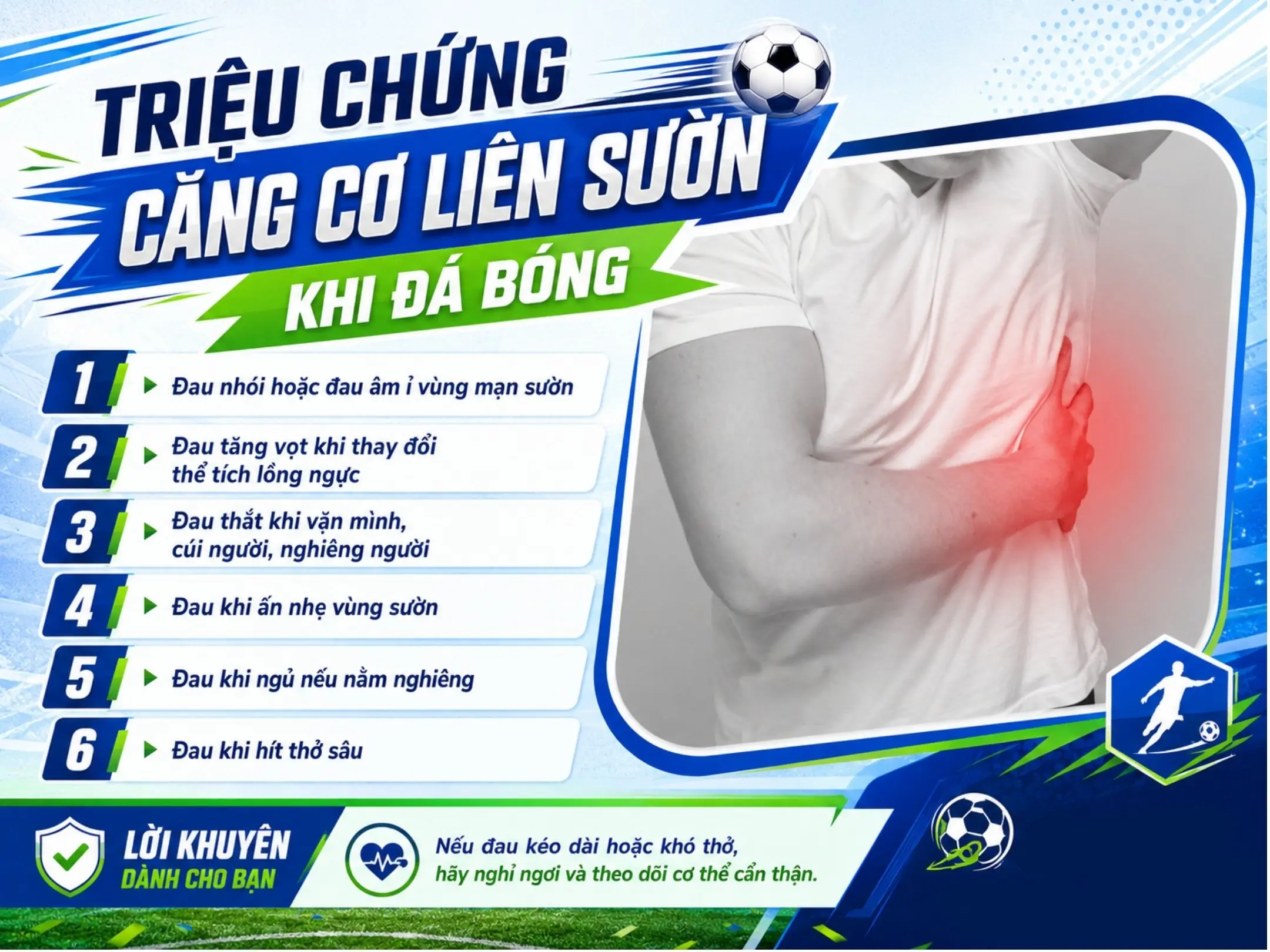 Căng cơ liên sườn khi đá bóng: chấn thương âm thầm khiến mỗi hơi thở cũng đau 3 Triệu chứng căng cơ liên sườn khi đá bóng