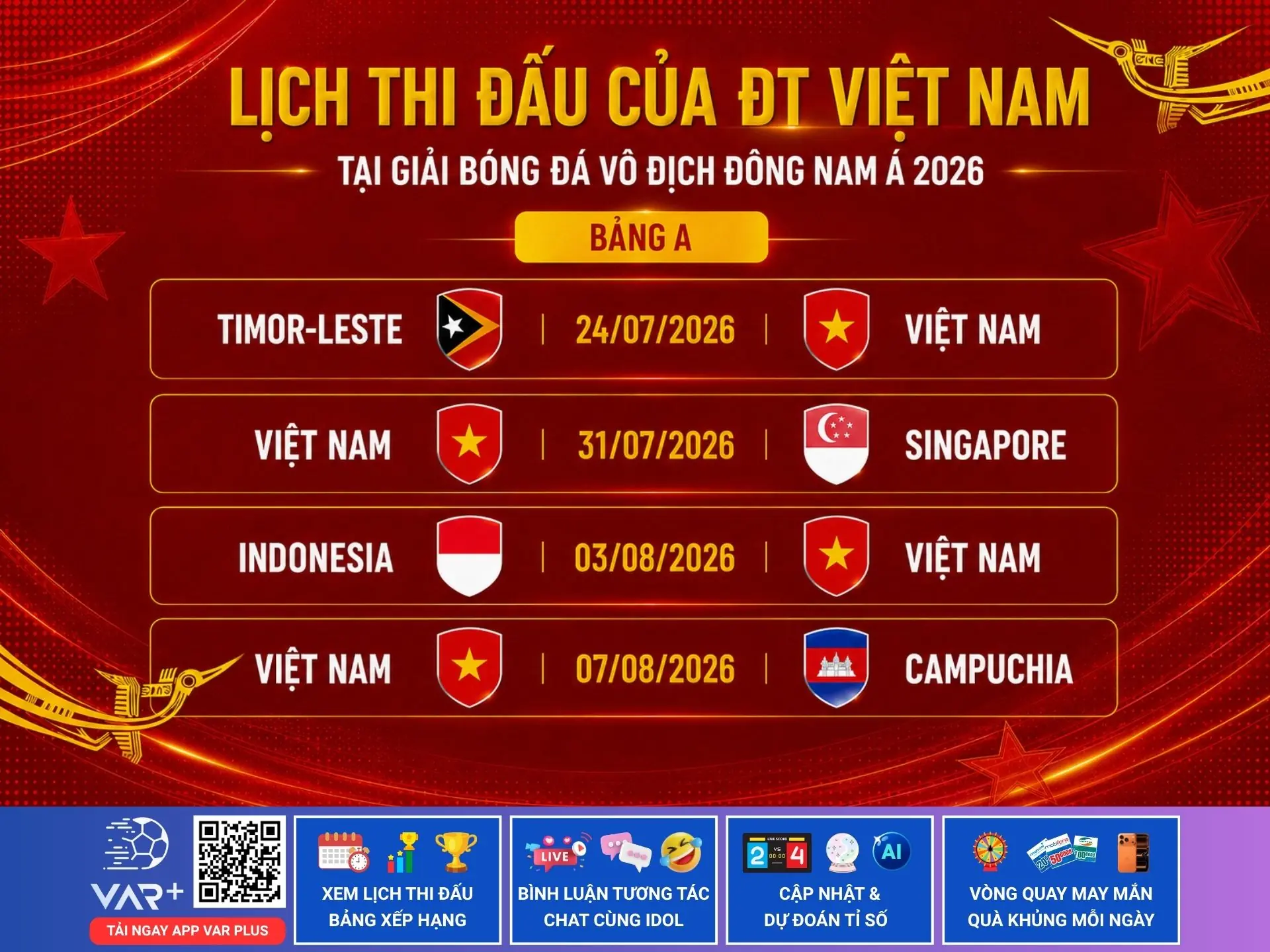 Lịch thi đấu AFF Cup đội tuyển Việt Nam hôm nay năm 2026