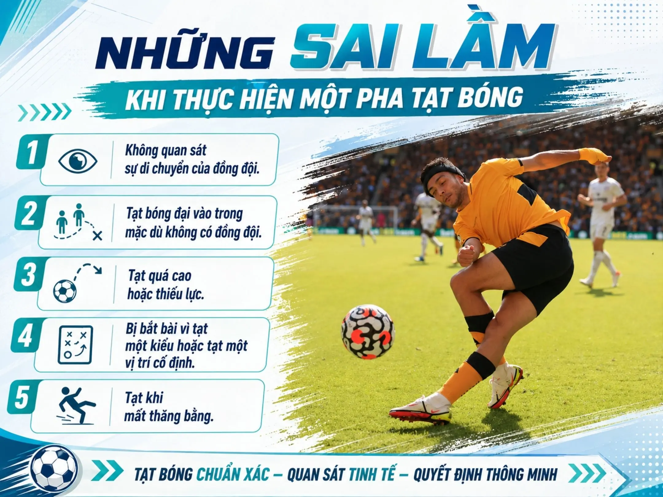 Tạt bóng: Quỹ đạo cong nghệ thuật, từ đường biên đến bàn thắng 4 Những sai lầm khi thực hiện một pha tạt bóng