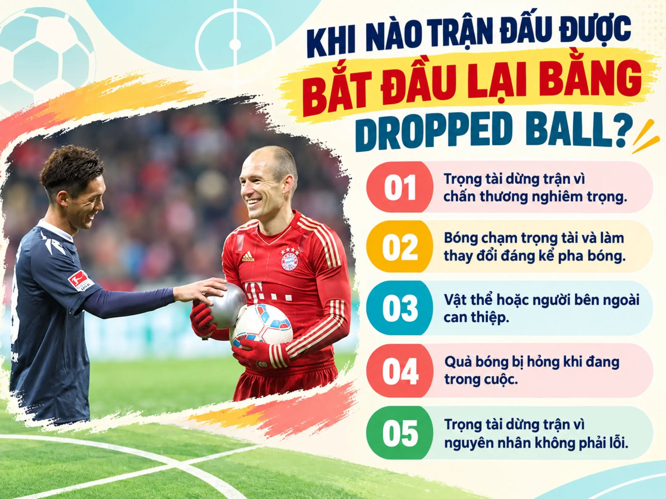 Dropped ball: Cách bắt đầu lại trận đấu khi phải tạm dừng mà không có lỗi từ cầu thủ 2 Khi nào trận đấu được bắt đầu lại bằng dropped ball?